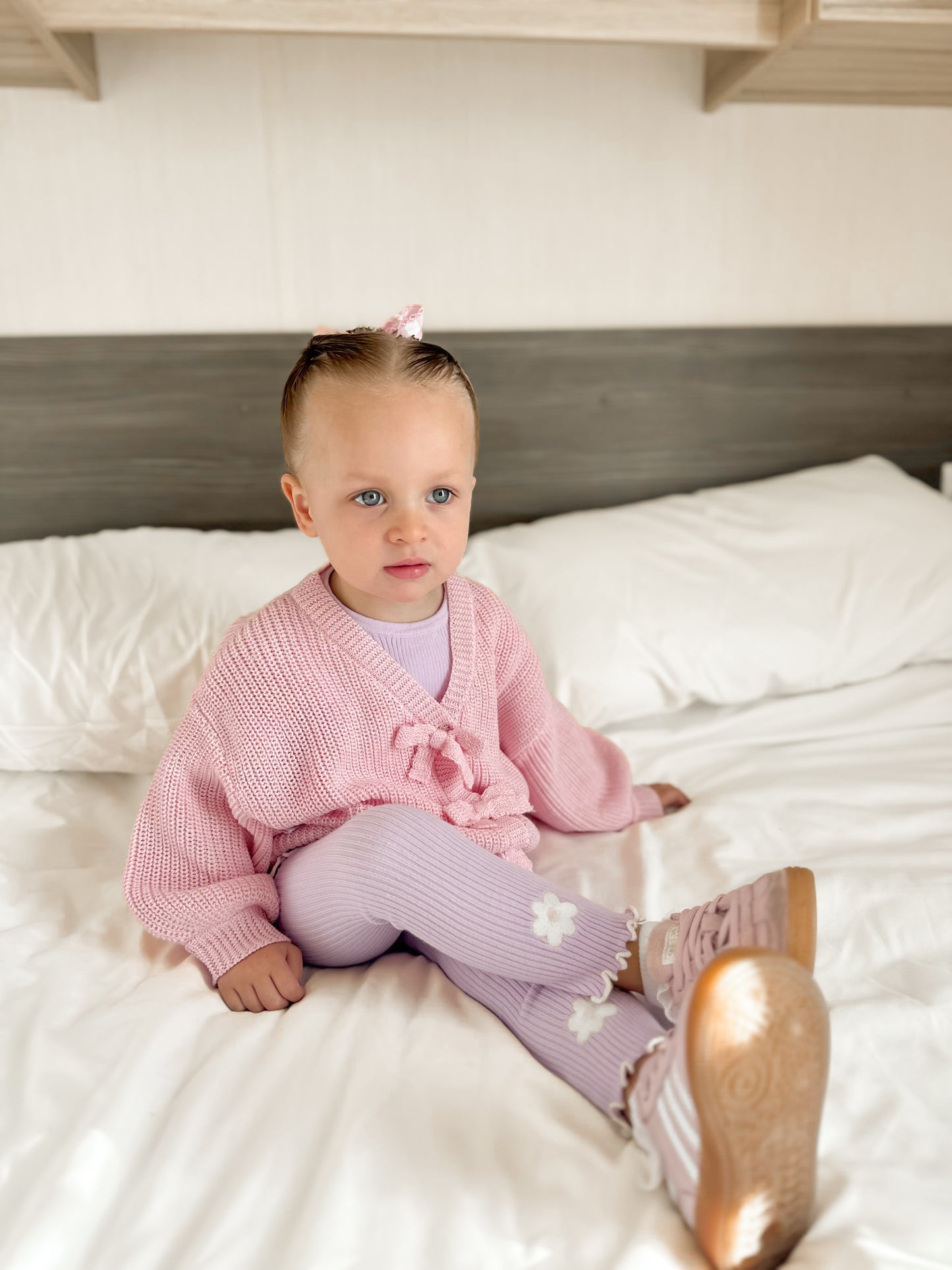 Posie leggings | girls lilac ribbed knit flower leggings