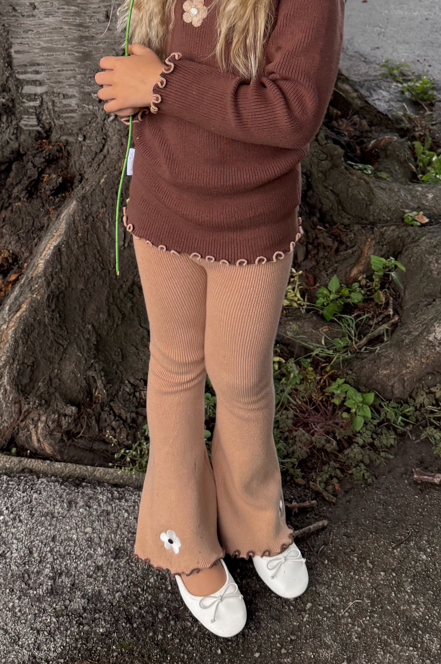 Marlow flares | knit, embroidered flower flared leggings