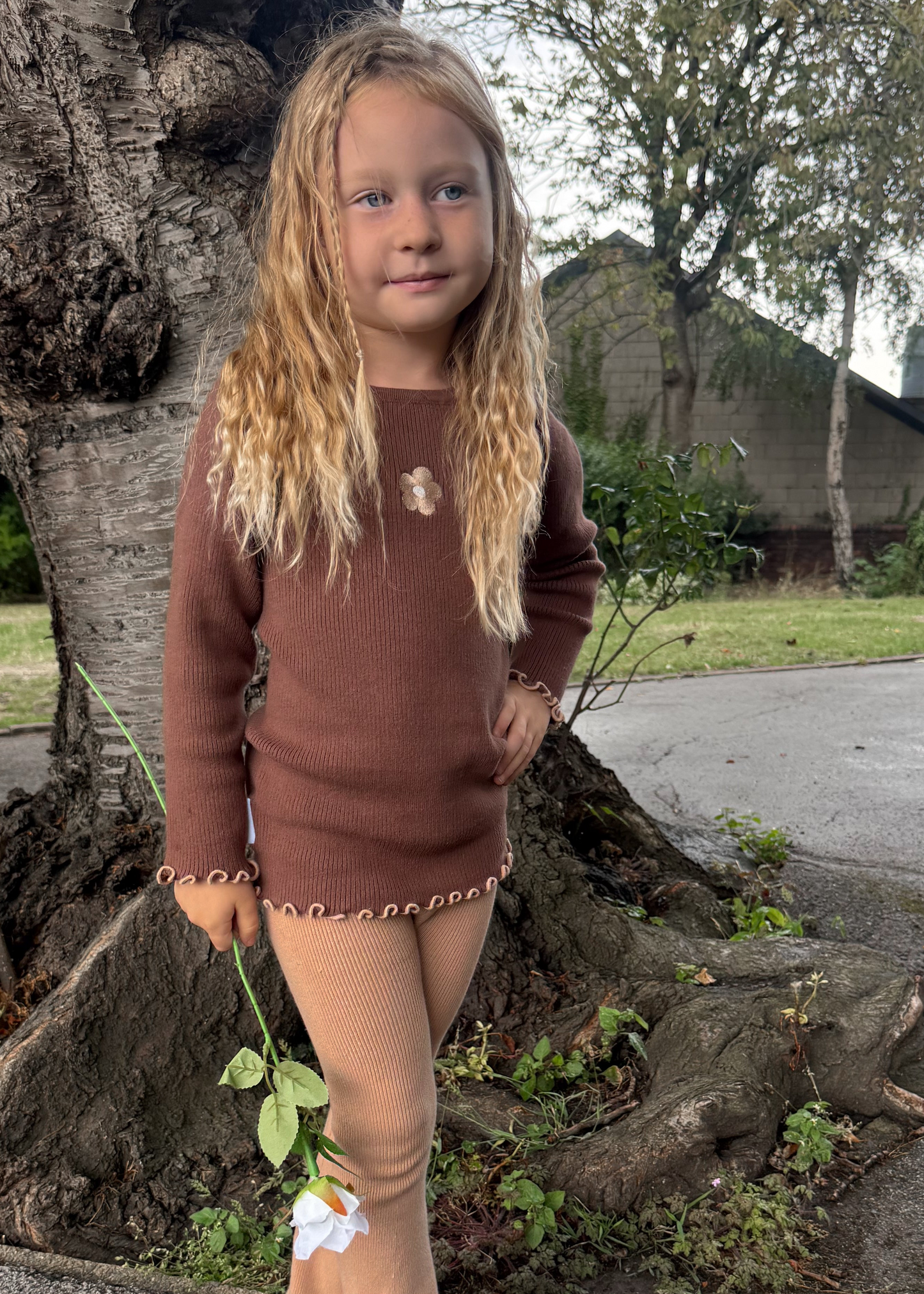 Marlow ribbed top | brown ribbed knit, embroidered flower top
