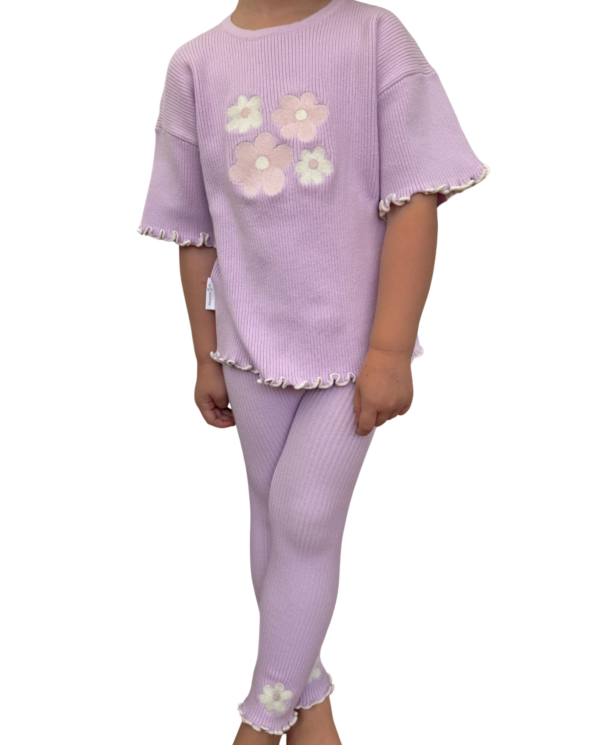 Lilac girls leggings and top with embroidered flower detail. 100% cotton.