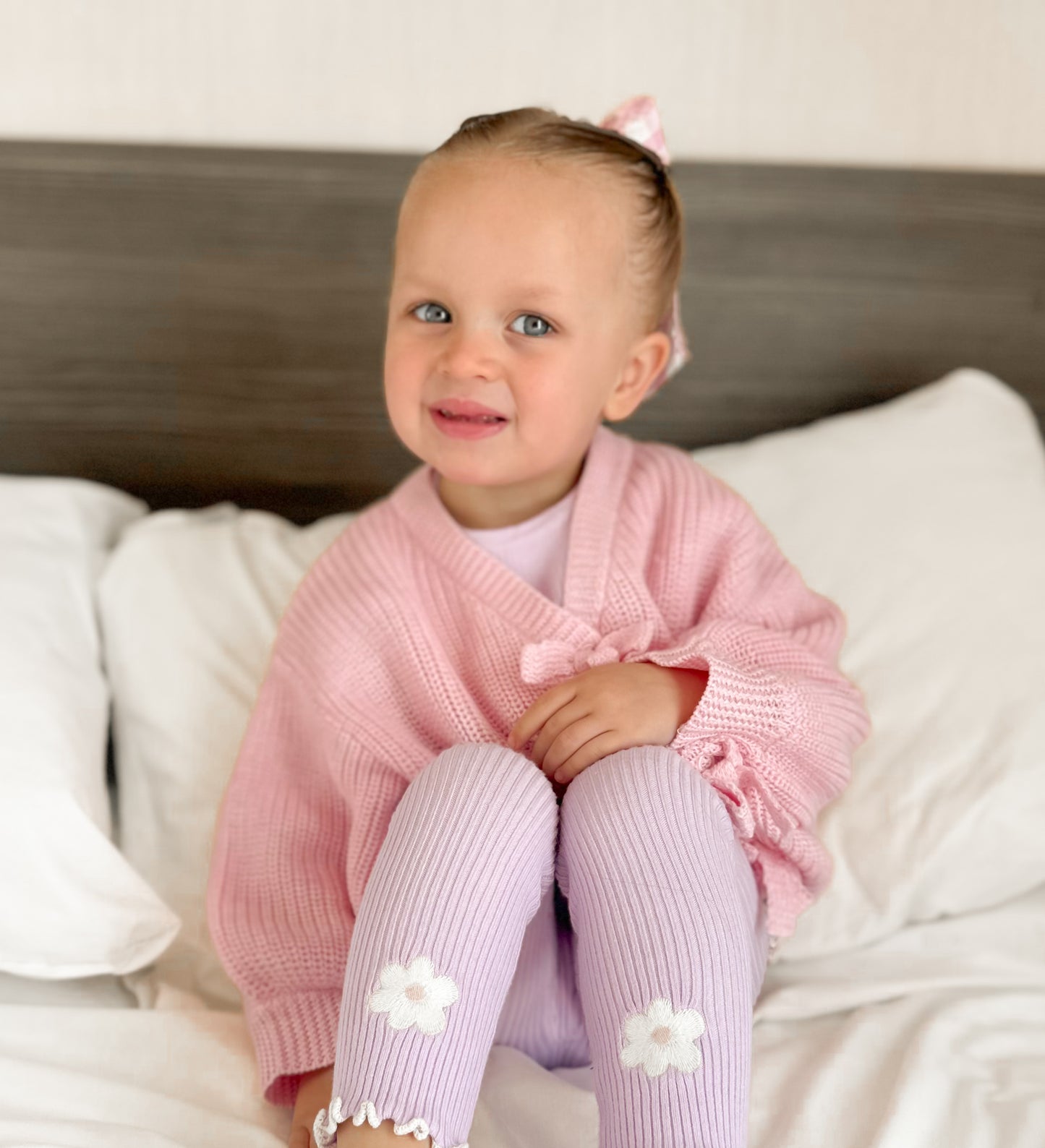 Posie leggings | girls lilac ribbed knit flower leggings